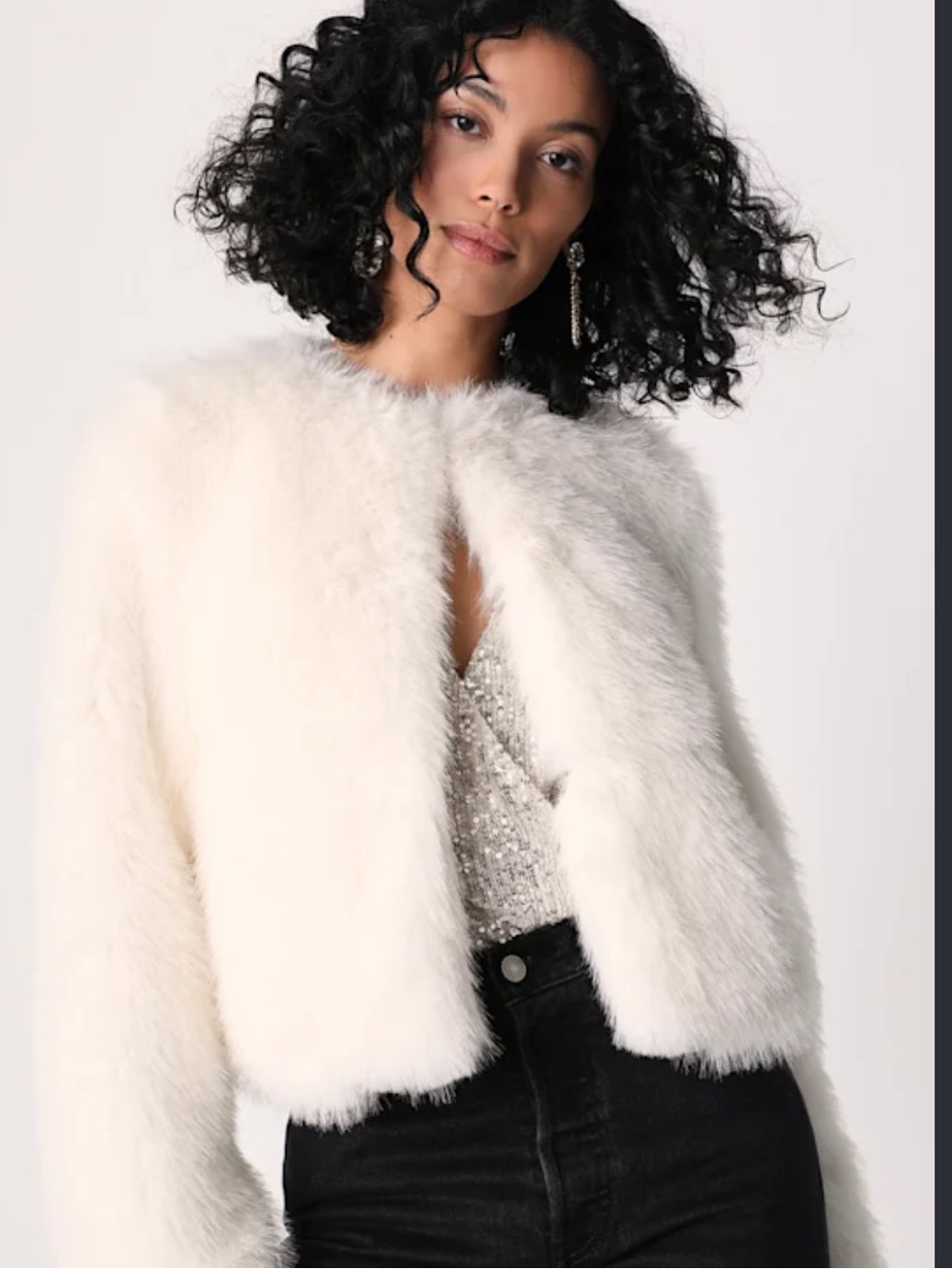 Kardashian Kollection Women's Cream Faux Fur Cropped Jacket